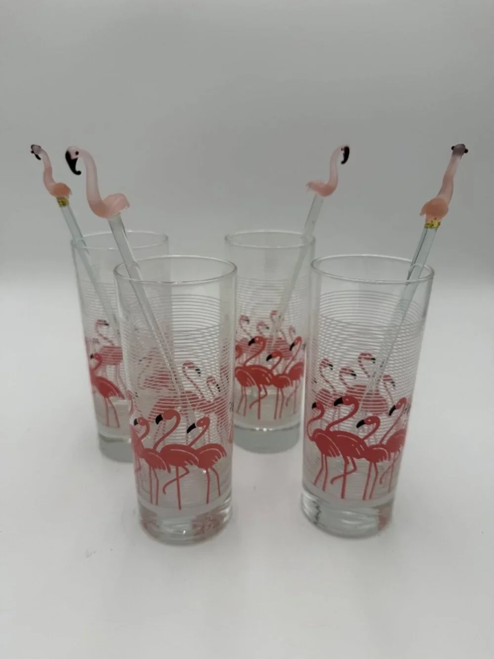 Vintage Flamingo Highball Glasses Matching Glass Stir Sticks MCM Barware Set 4 T
